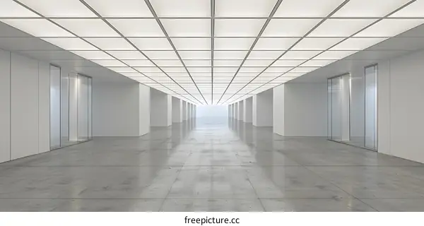 Modern Minimalist White Corridor with Grid Ceiling and Glass Doors