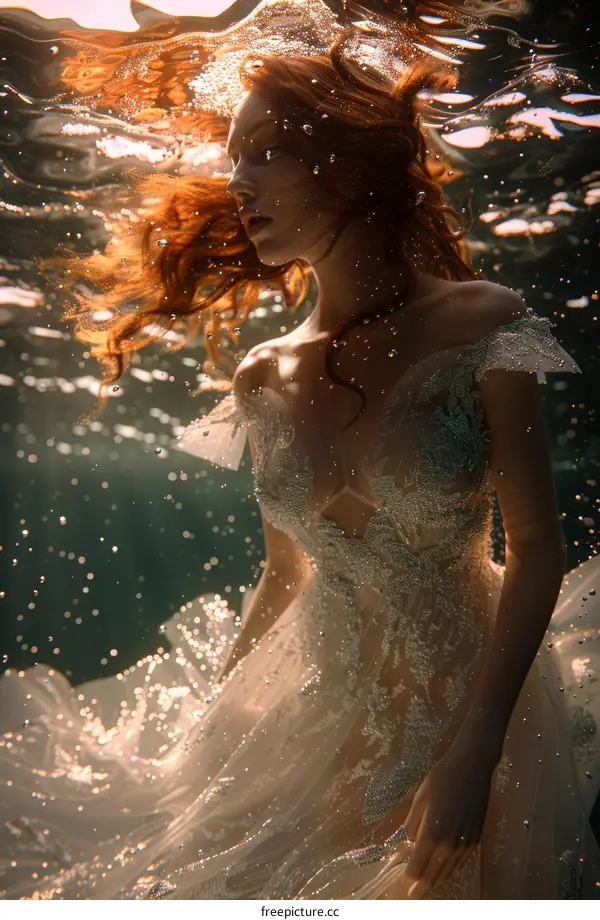 Redhead Bride Floats Underwater in Sunlight