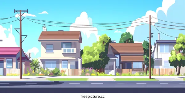 Suburban Street Houses With Green Trees And Blue Sky