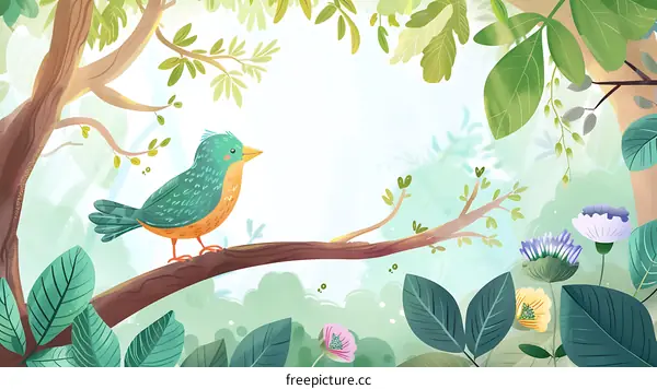 Cute Bird on Branch With Flowers and Green Leaves Illustration