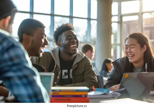 Diverse group of students laughing and talking in a college library