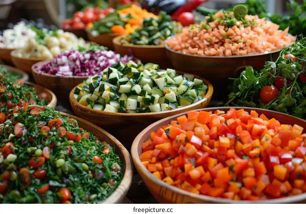 Various types of salads and other vegetable dishes
