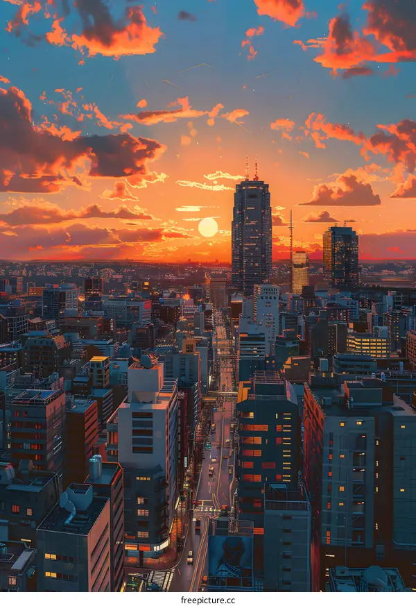 City street sunset illustration