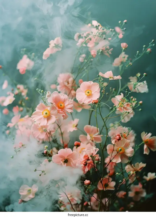 ethereal pink flowers in a smoky atmosphere