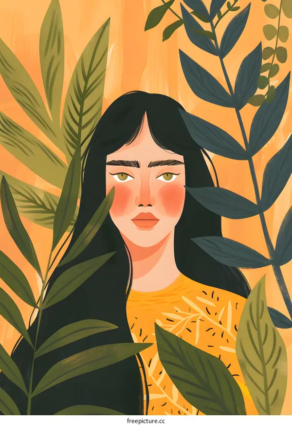 Woman with Long Black Hair Behind Green Leaves Illustration