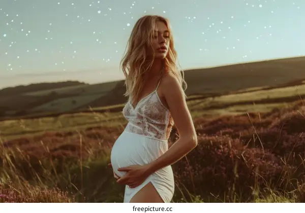 Portrait of a Pregnant Woman in a Field of Flowers