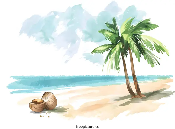 Watercolor Illustration of Two Palm Trees on a Beach