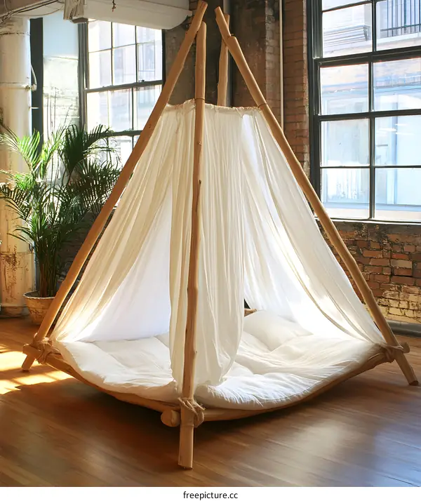 Wooden Canopy Bed With White Drapes