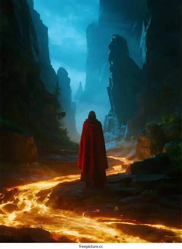 A lone figure in a red cloak standing in a fiery canyon with towering cliffs