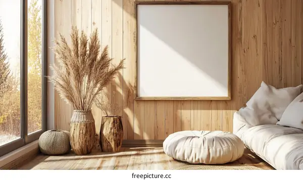 Cozy Wooden Interior with Pampas Grass and Blank Poster