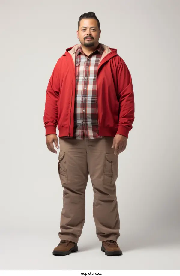 A man is posing in a red jacket, a plaid shirt, and khaki pants.