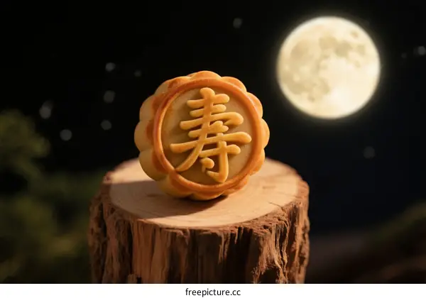 Mooncake with Chinese character 'shou' under full moon