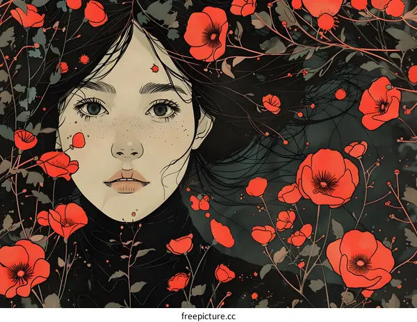 girl with red flower in hair