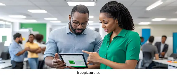 Two Business Colleagues Discussing Project On Tablet In Office