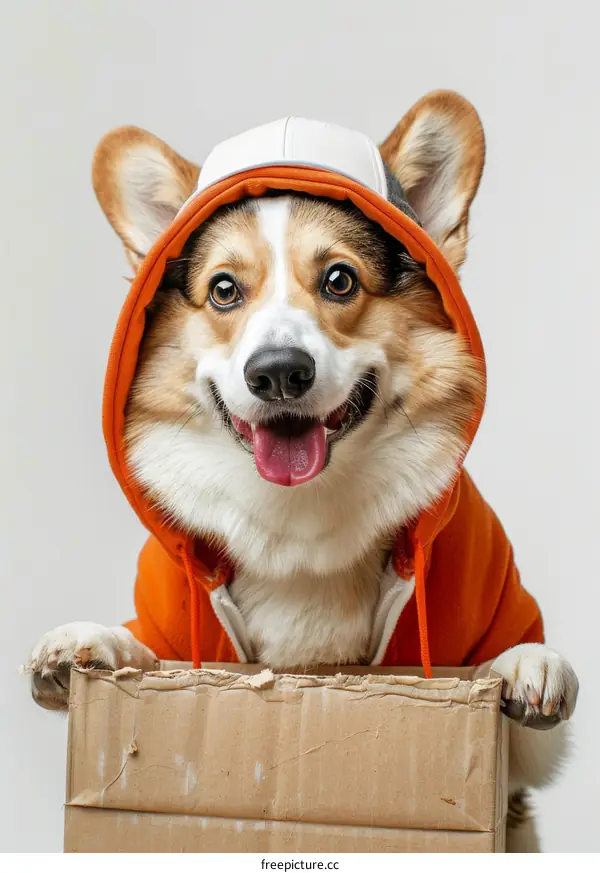 A cute Shiba Inu wearing an orange hoodie is sitting in a box