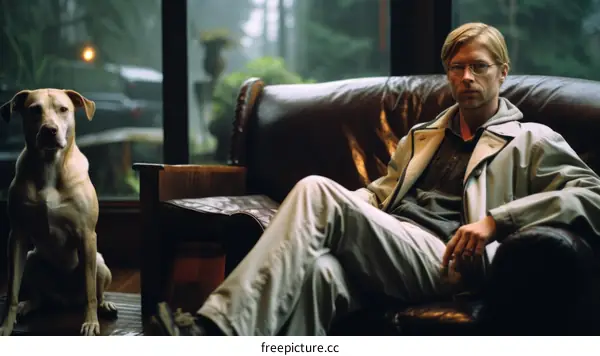 A man and his dog are sitting on a couch in a living room.