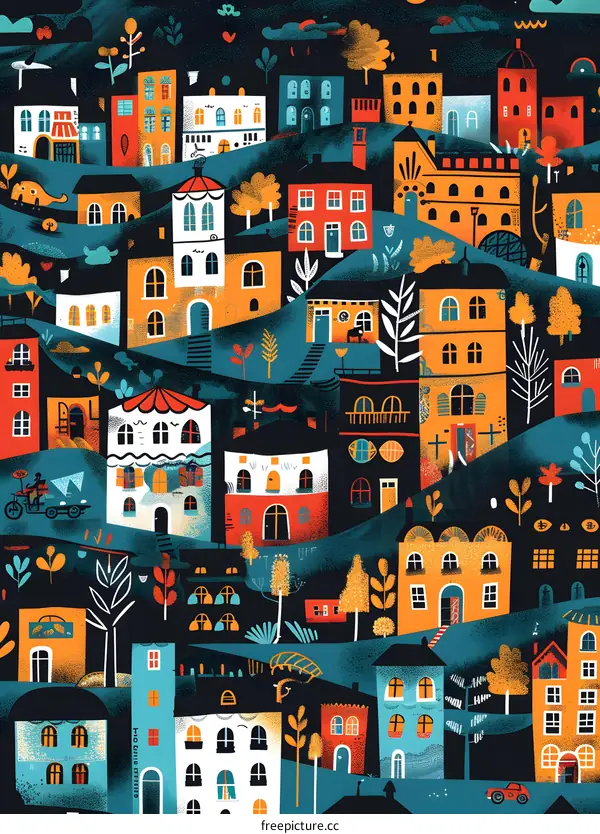 Colorful Illustration of a Town with Houses and Trees