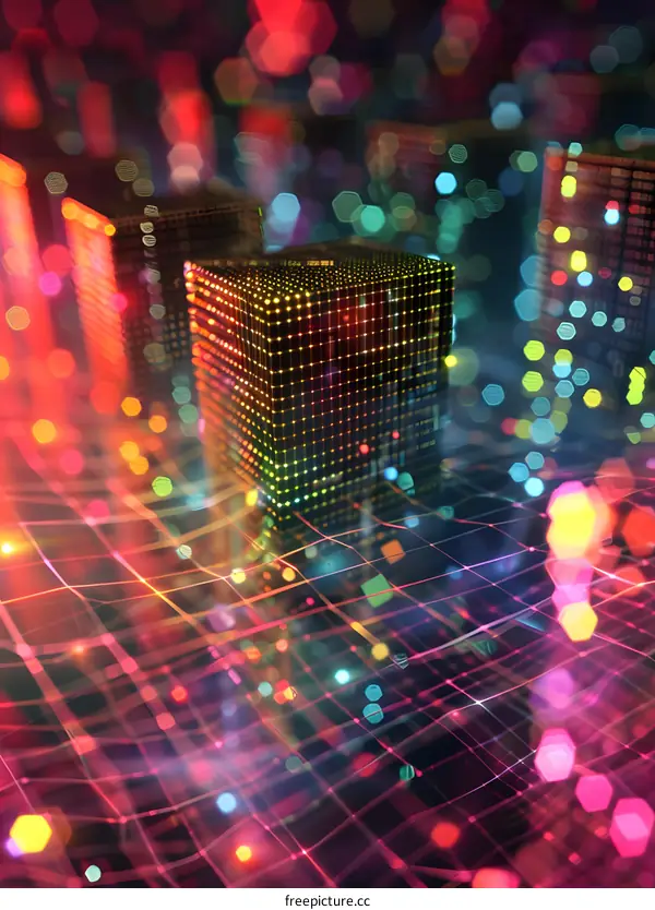 Abstract 3D rendering of a city with glowing neon lights and a grid pattern.