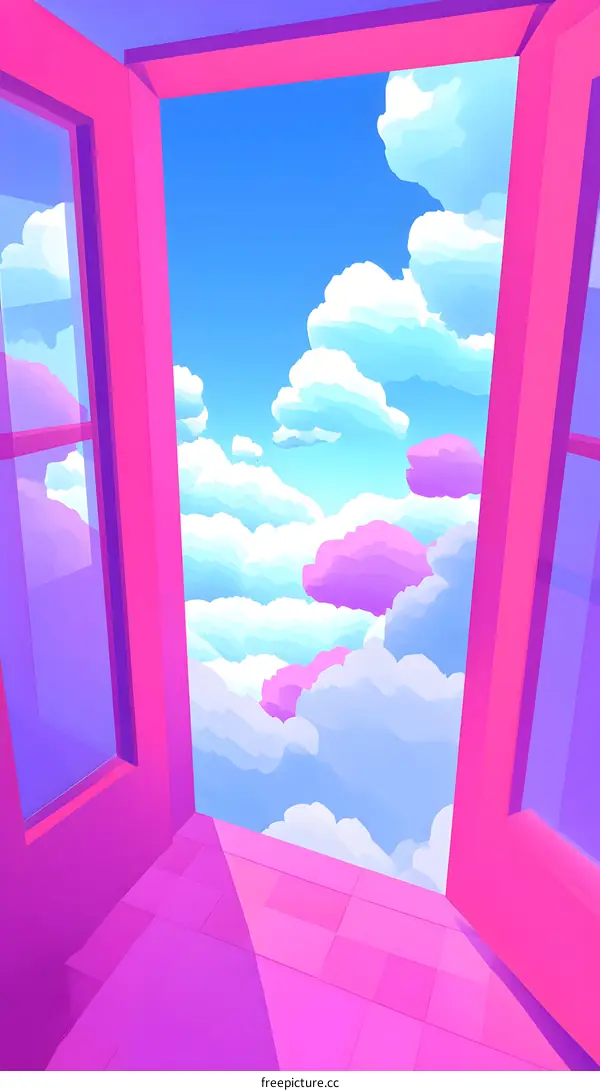 Open Window with Pink Frame Showing Clouds