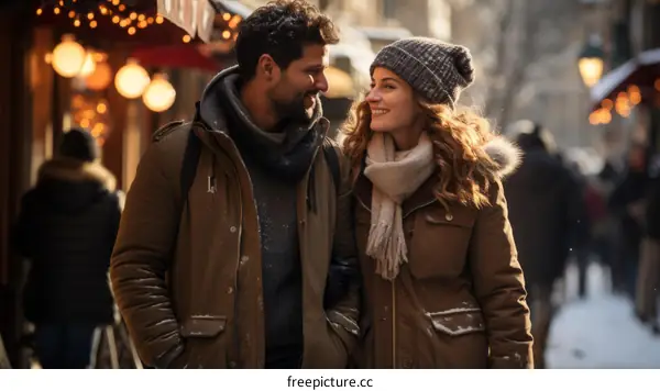 A couple is walking down a snowy street