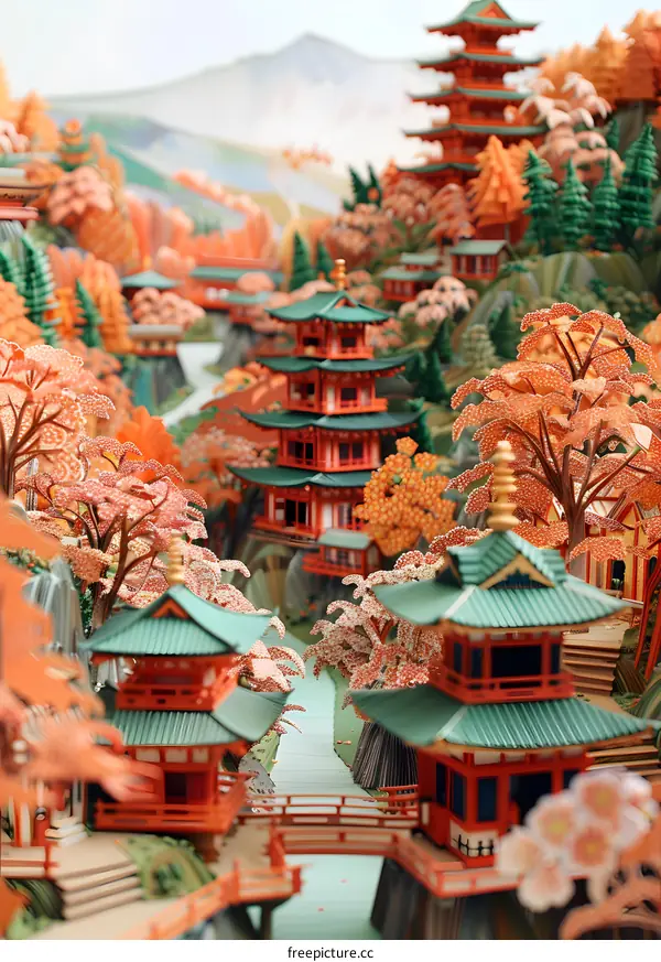 A miniature Japanese village with traditional houses and cherry blossom trees