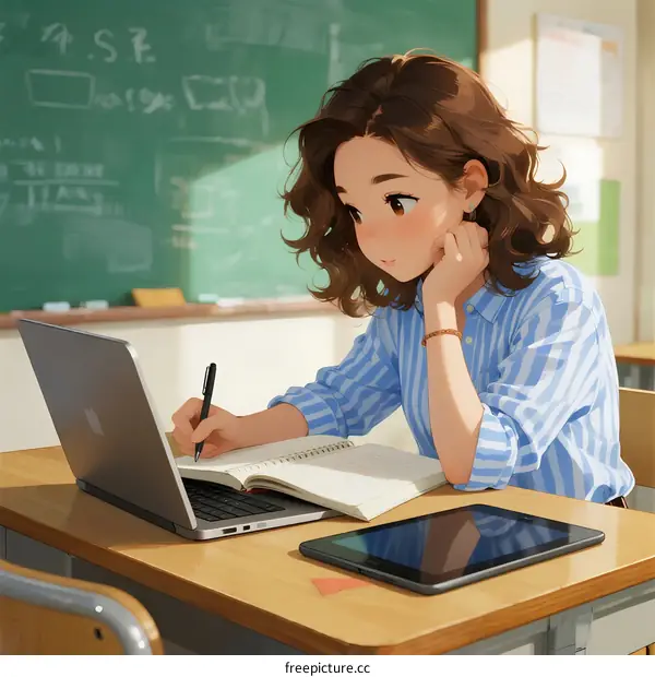 A young woman student taking notes in a classroom setting