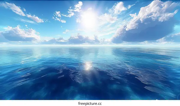 The sun shines brightly over a vast ocean