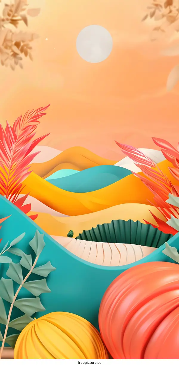 Abstract 3D Illustration of a Desert Landscape with Palm Trees and a Bright Orange Sky