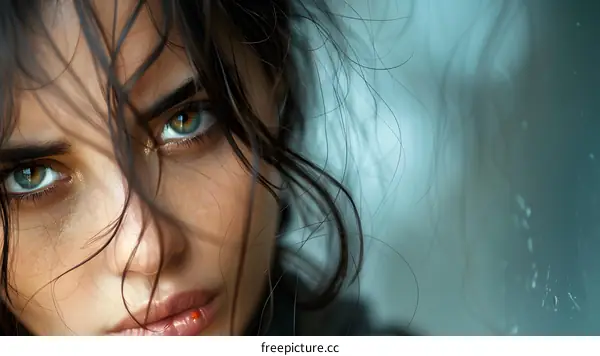 Close-up portrait of a beautiful woman with brown hair and blue eyes