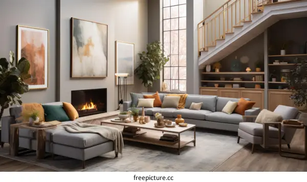 A Modern Living Room With Fireplace