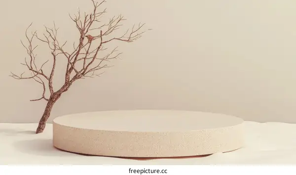 Minimalist Beige Display Podium with a Dried Branch