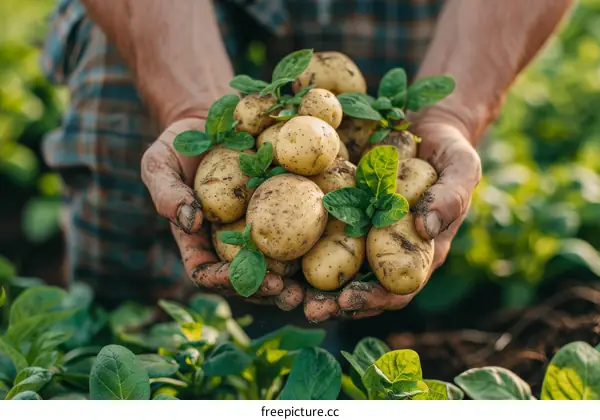 A farmer holding a handful of freshly harvested potatoes