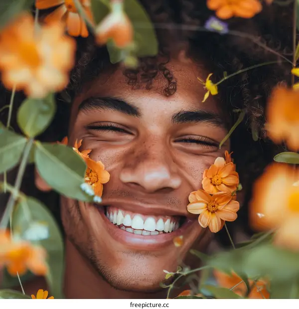 Happy young man with orange flowers on his face