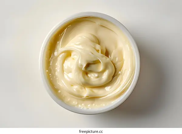 Top view of opened white jar with body cream