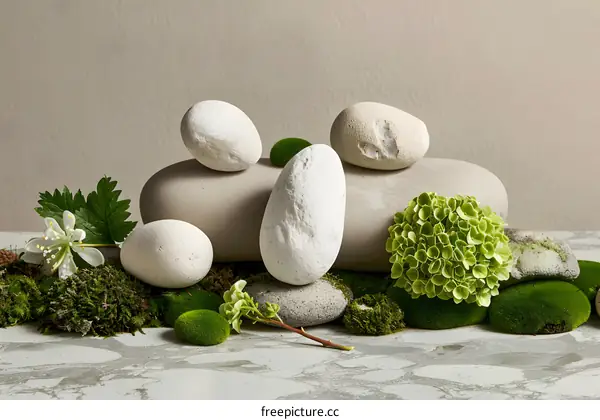 White Stones and Green Plants Still Life