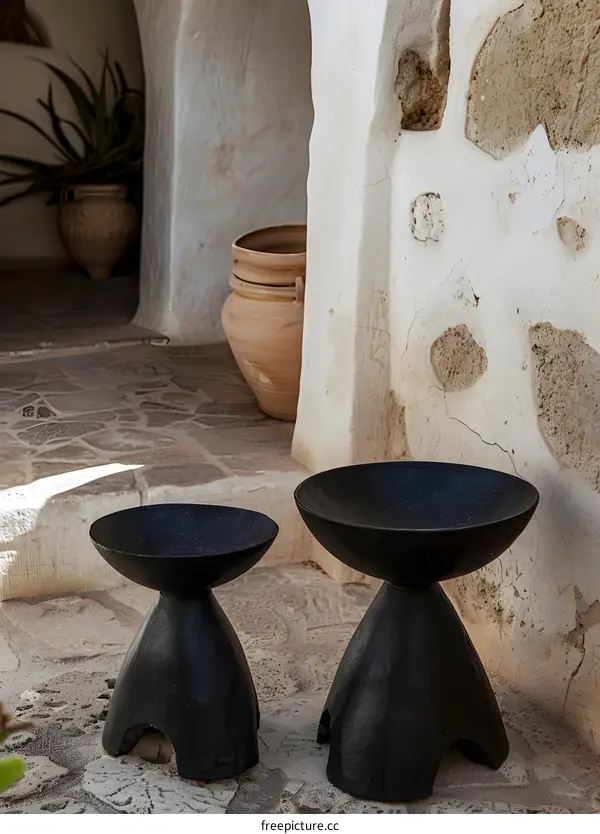 Black Pottery Stools in Whitewashed Courtyard