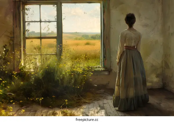 A woman standing in a ruined room looking out at a field of wheat