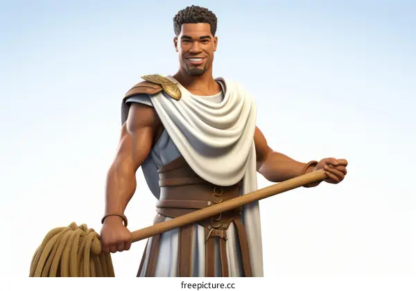 Black man dressed as a Greek god holding a mop