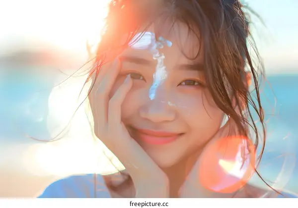 Smiling Asian Woman with Sun Protection Cream on Her Face