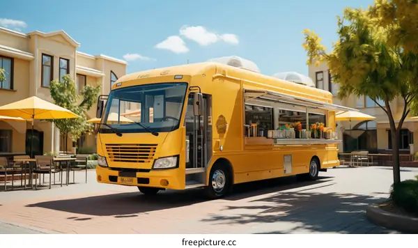 A yellow food truck is parked in a city square.