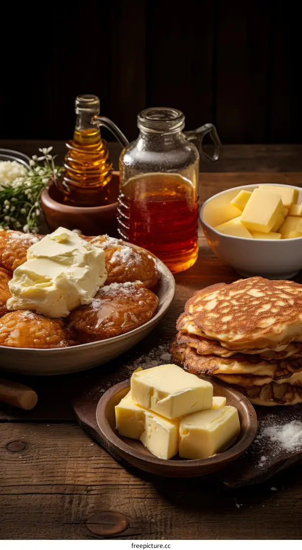 A delicious breakfast of pancakes, butter, and syrup