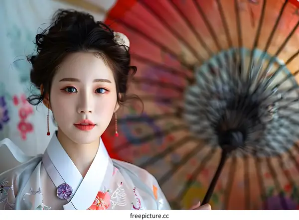 Portrait of a beautiful young woman in traditional Korean dress, holding a parasol.