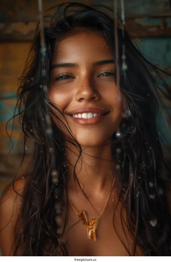 Beautiful Woman with Wet Hair and Water Drops