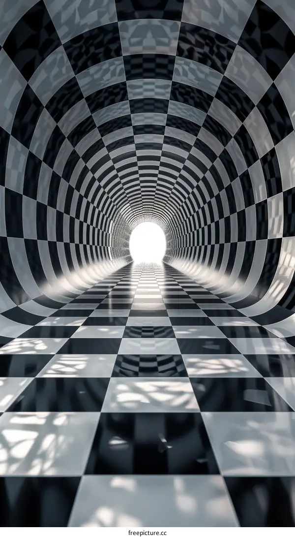 Abstract 3D Black and White Checkered Tunnel