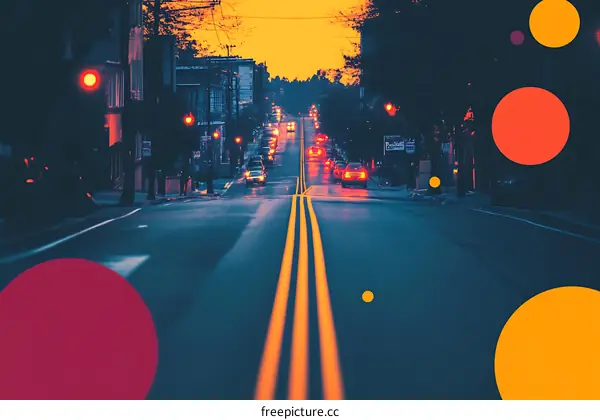 City Street at Sunset with Colorful Circles