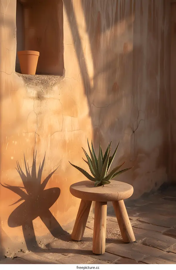 Wooden Stool With Succulent Plant In Front Of A Yellow Wall