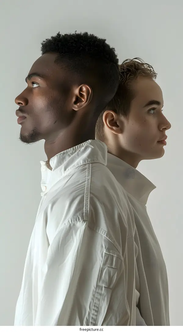 Two young men with different skin tones stand with their heads turned to the side, looking at each other.