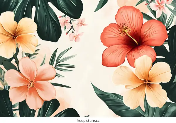 Tropical Floral Illustration with Hibiscus Flowers and Green Leaves