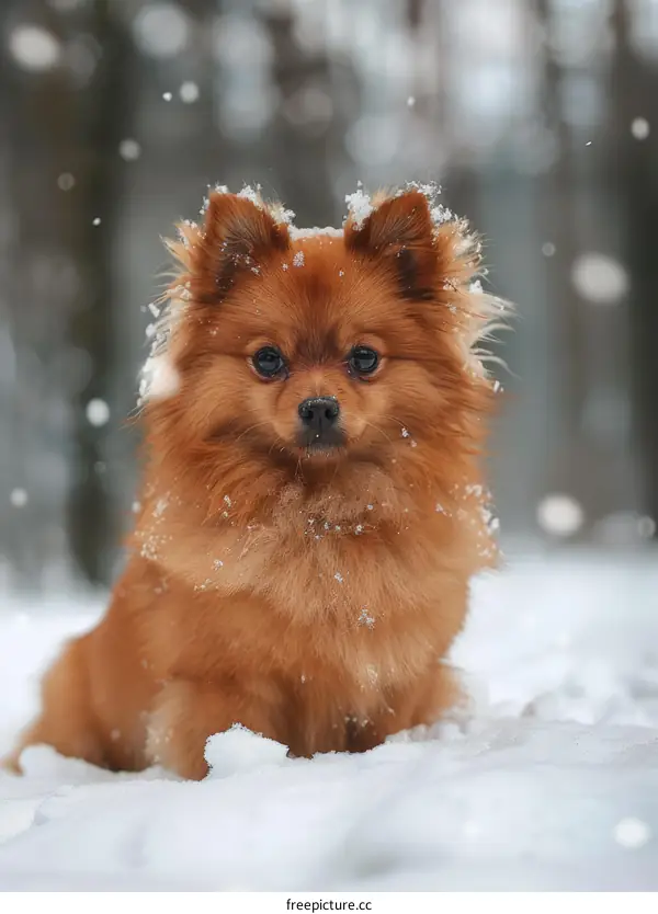 A cute Pomeranian dog sits in the snow and looks at the camera