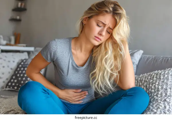 Woman Experiencing Stomach Pain at Home